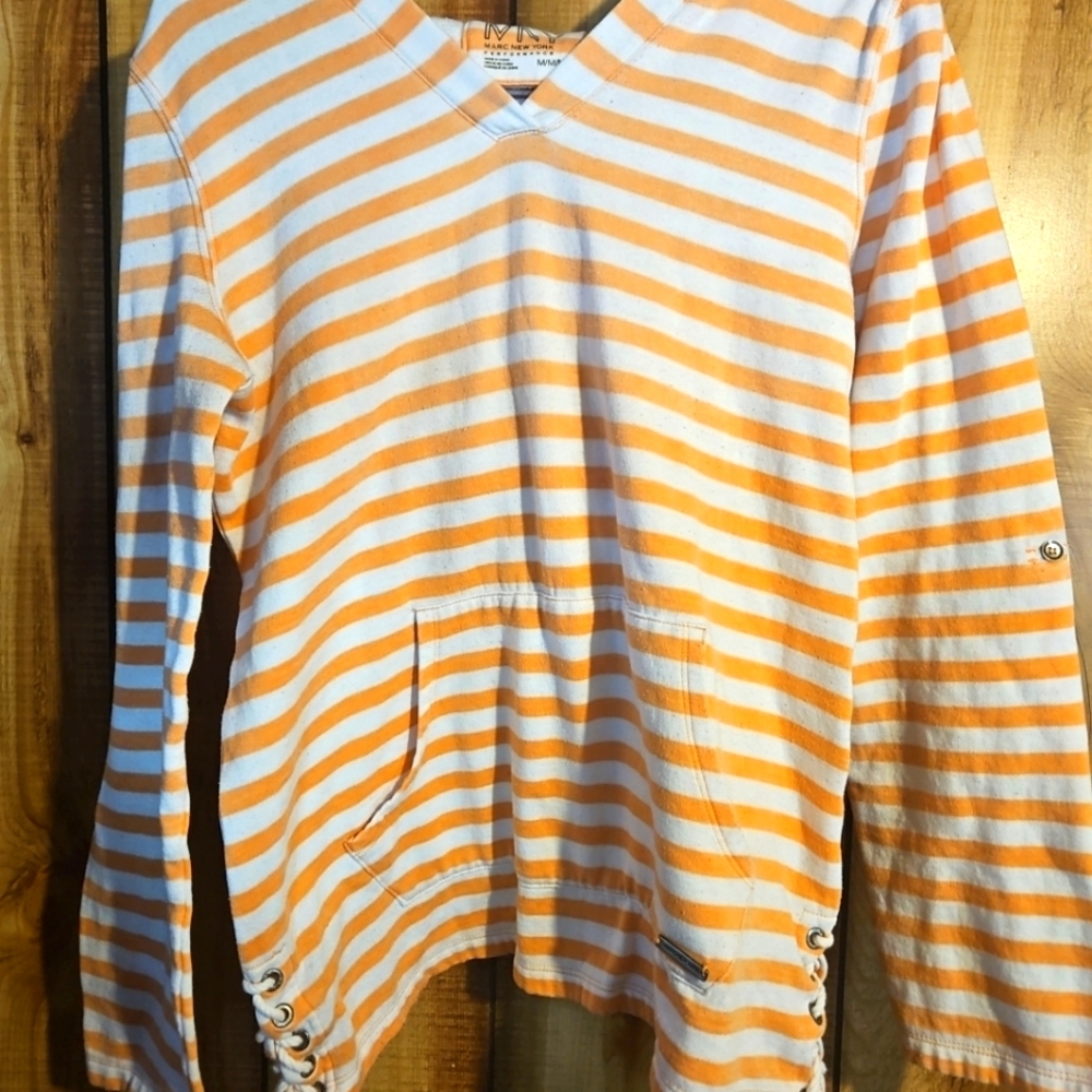Marc New York Performance Women's Stripe Roll Sleeve Fleece Tunic Orange Medium